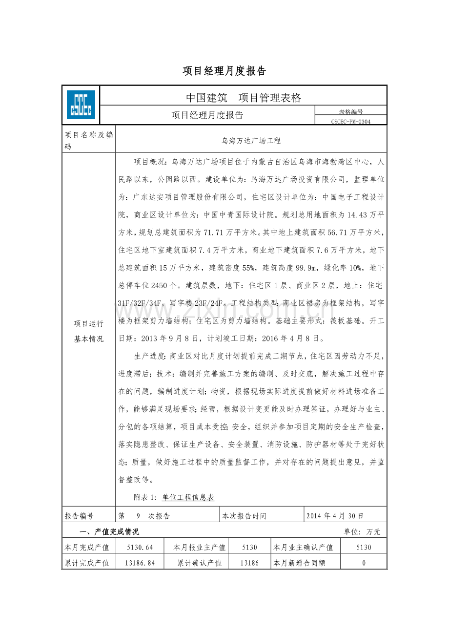 乌海万达广场4月份项目经理月报.doc_第1页