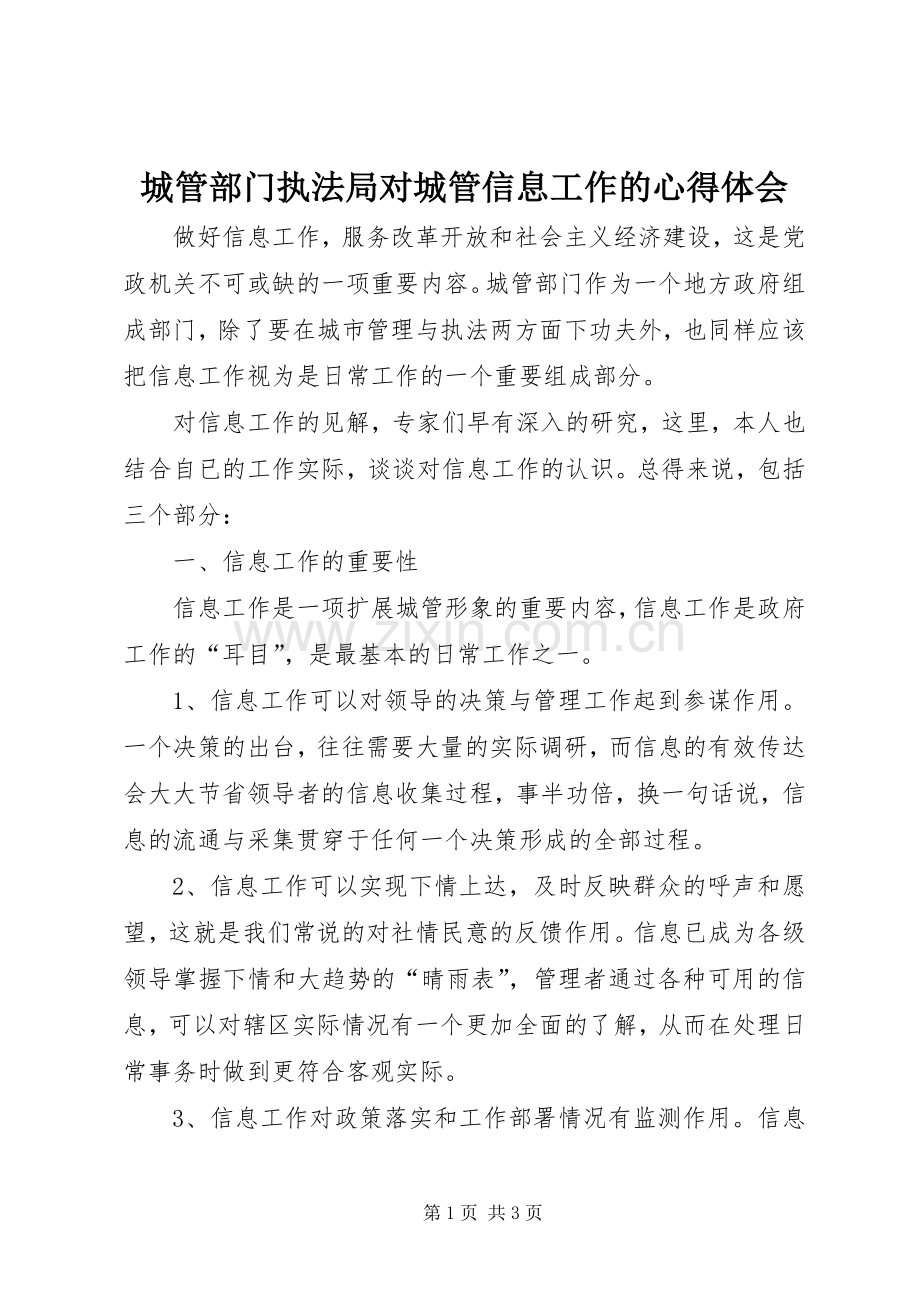 城管部门执法局对城管信息工作的体会心得.docx_第1页