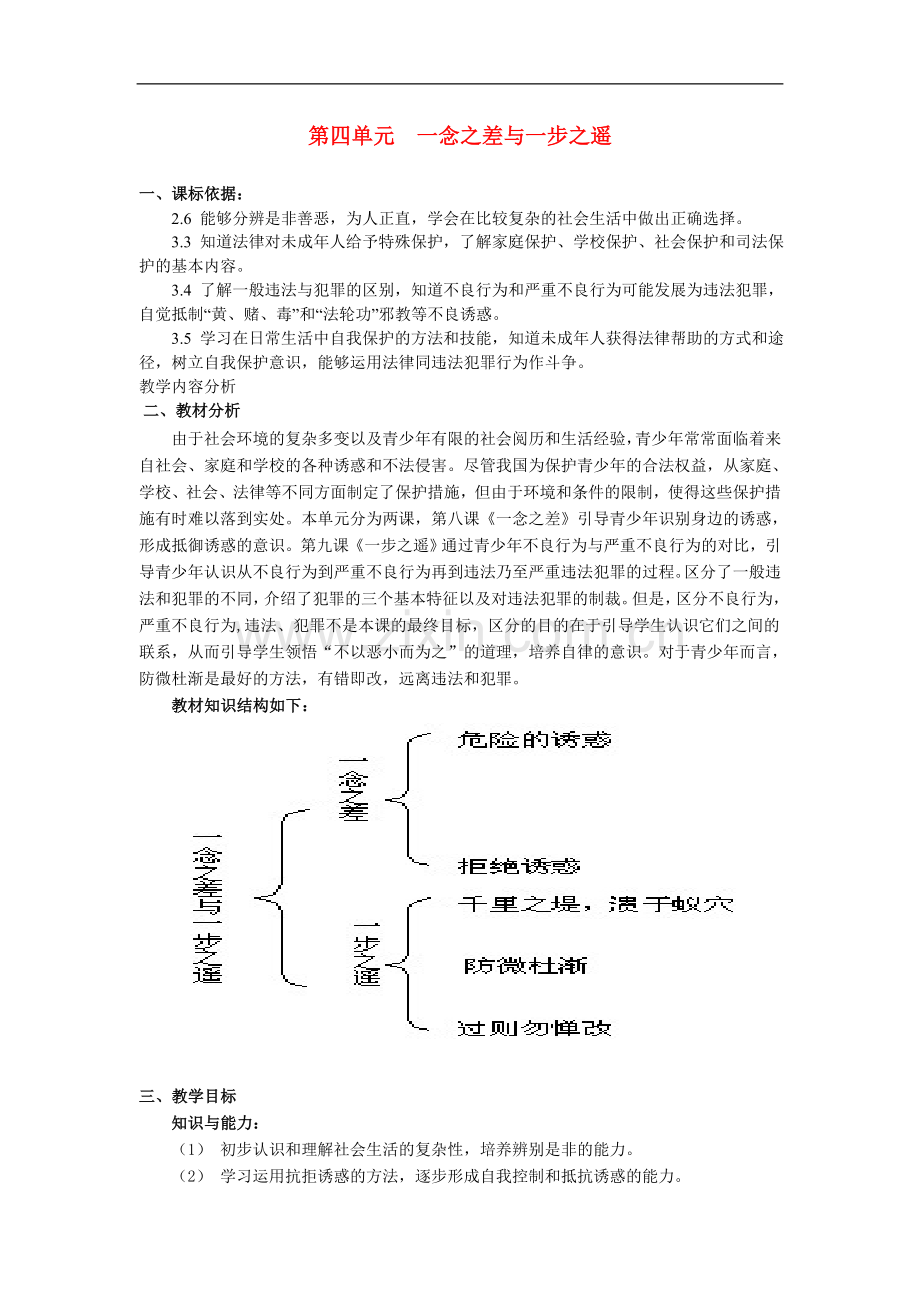 八年级政治第四单元-一念之差与一步之遥教案教科版.doc_第1页