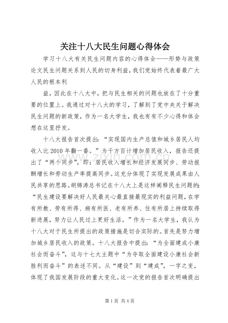 关注十八大民生问题体会心得.docx_第1页