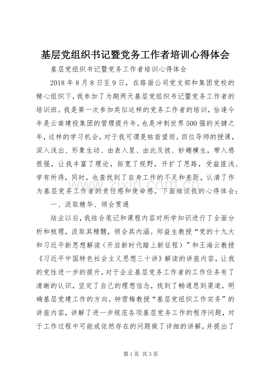 基层党组织书记暨党务工作者培训体会心得.docx_第1页