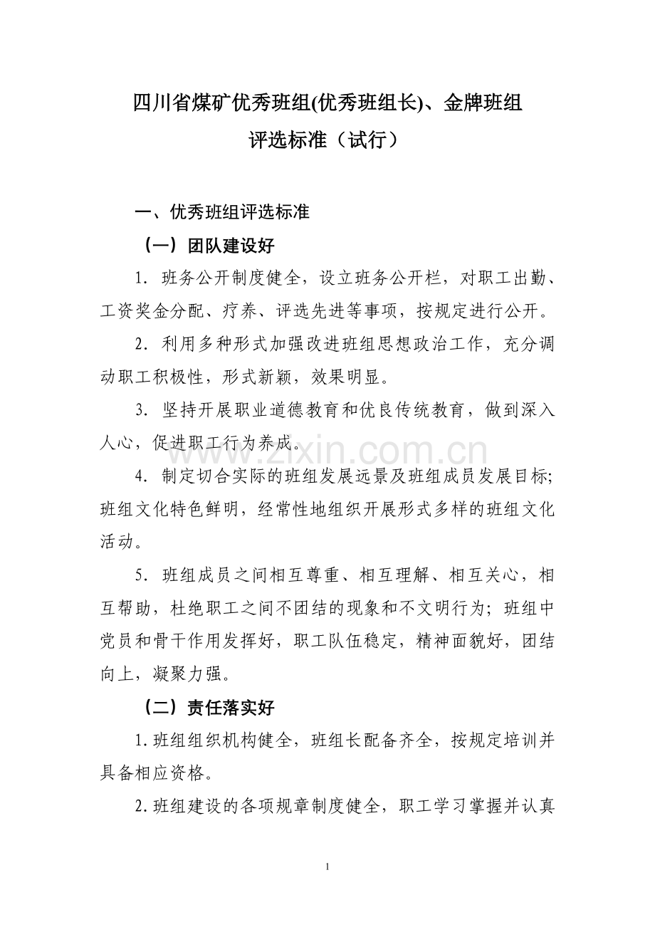 四川省煤矿金牌班组及班组长、优秀班组及班组长评选标准(试行).doc_第1页