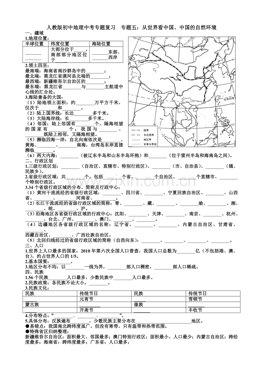 人教版初中地理中考专题复习专题五从世界看中国、中国的自然环境-学案(无答案).doc_第1页