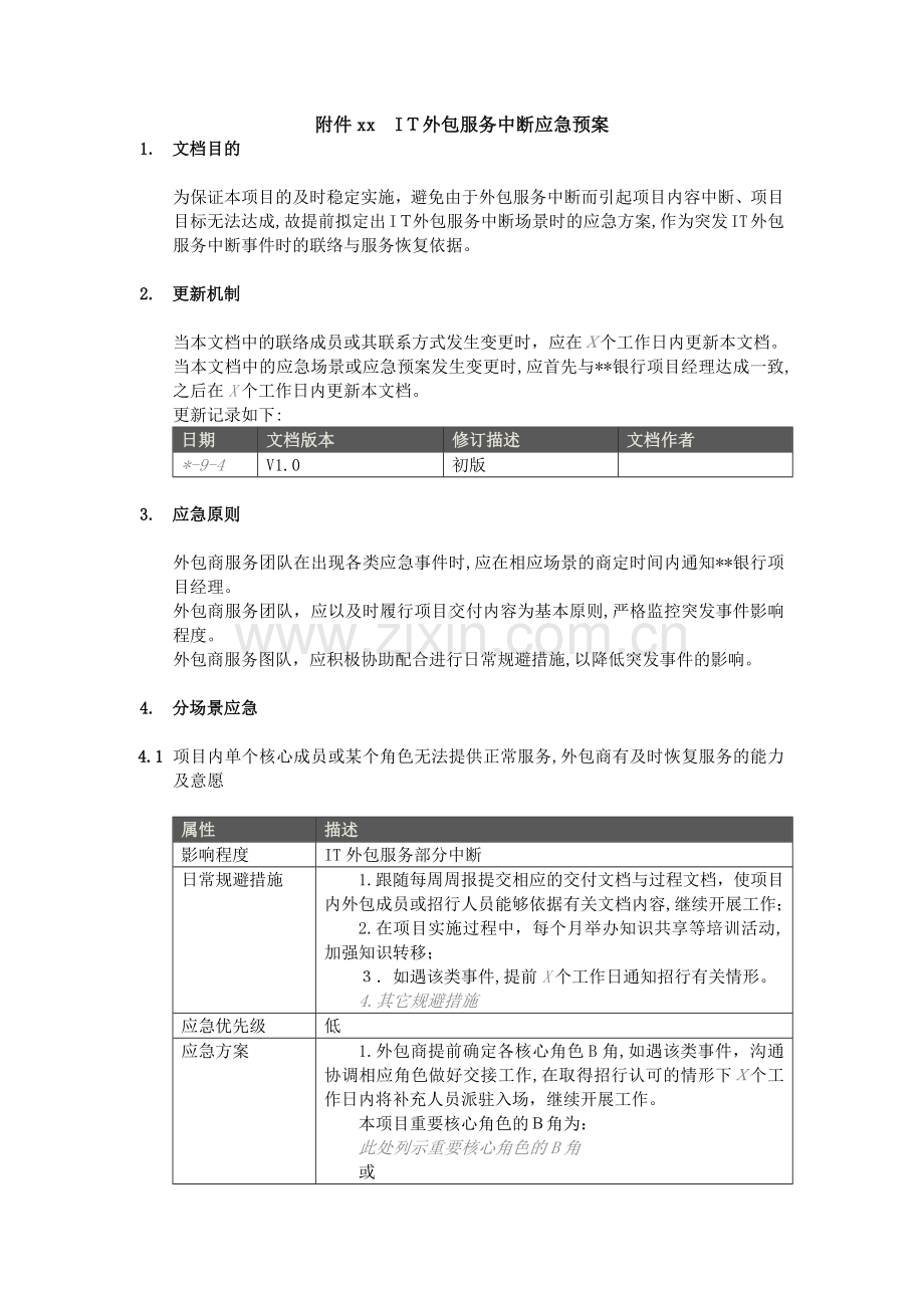 银行IT外包项目服务中断应急预案(合同模板)模版.docx_第1页