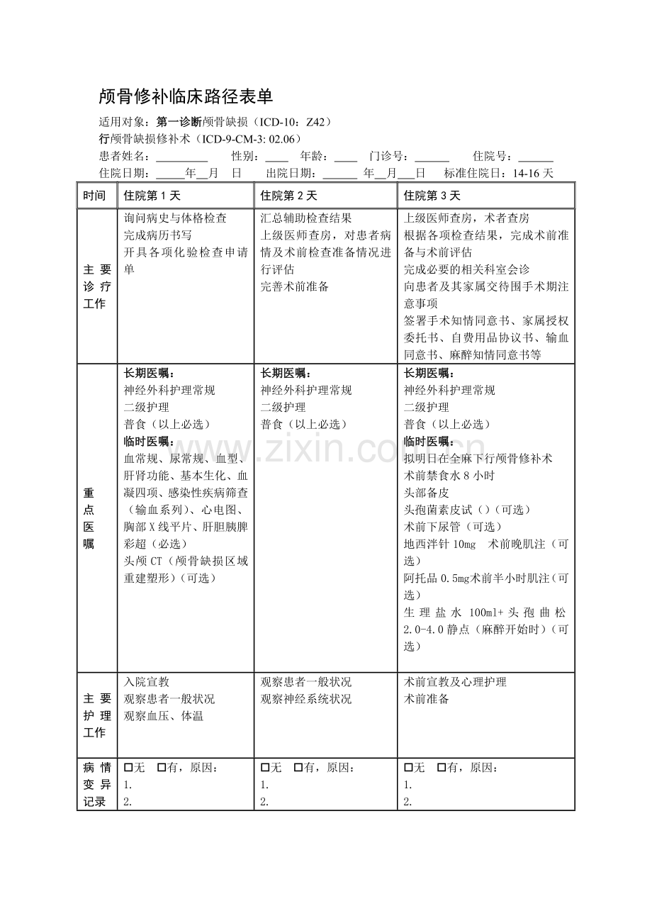 颅骨缺损临床路径表单.doc_第1页