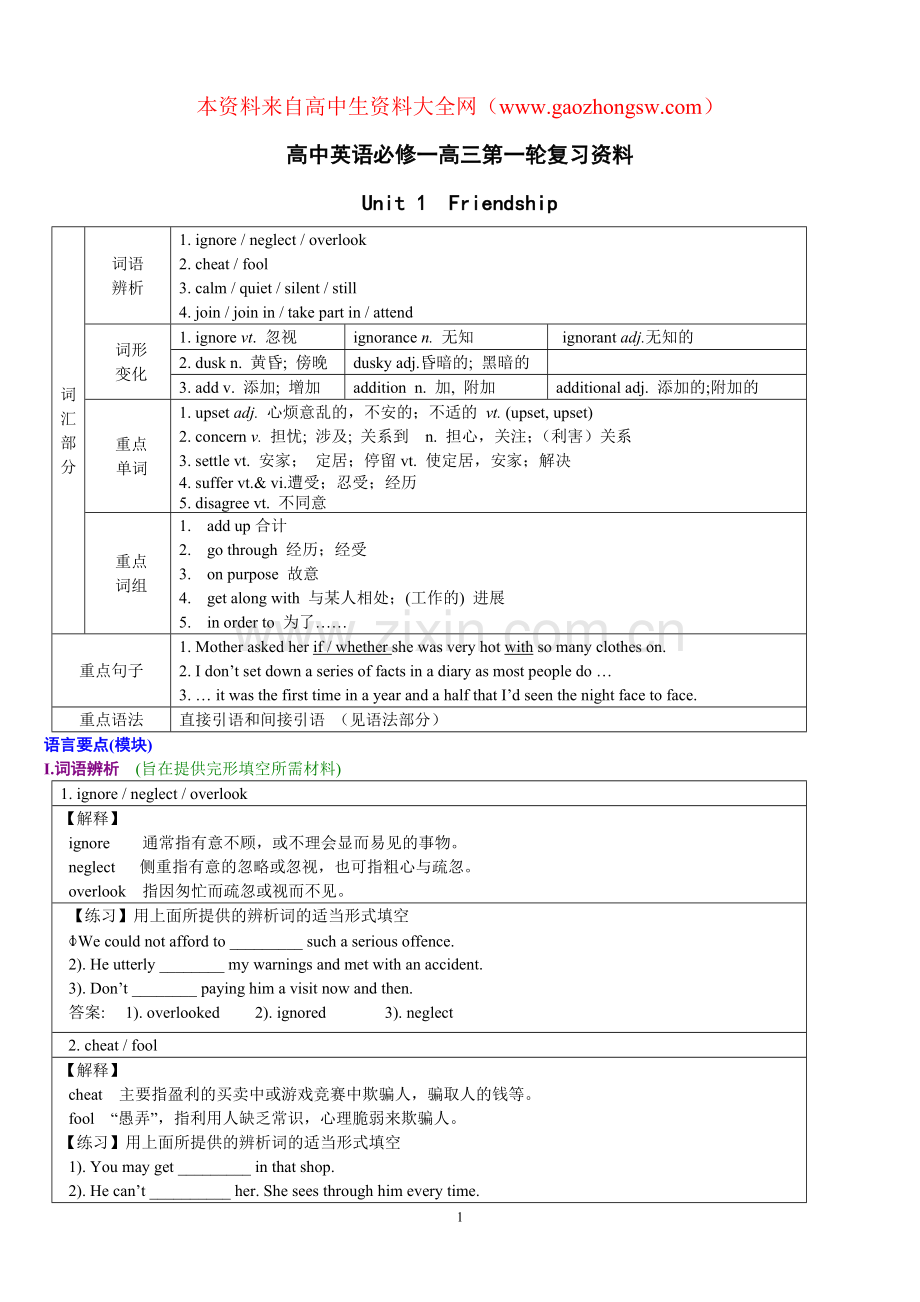 高中英语必修一高三第一轮复习资料.doc_第1页