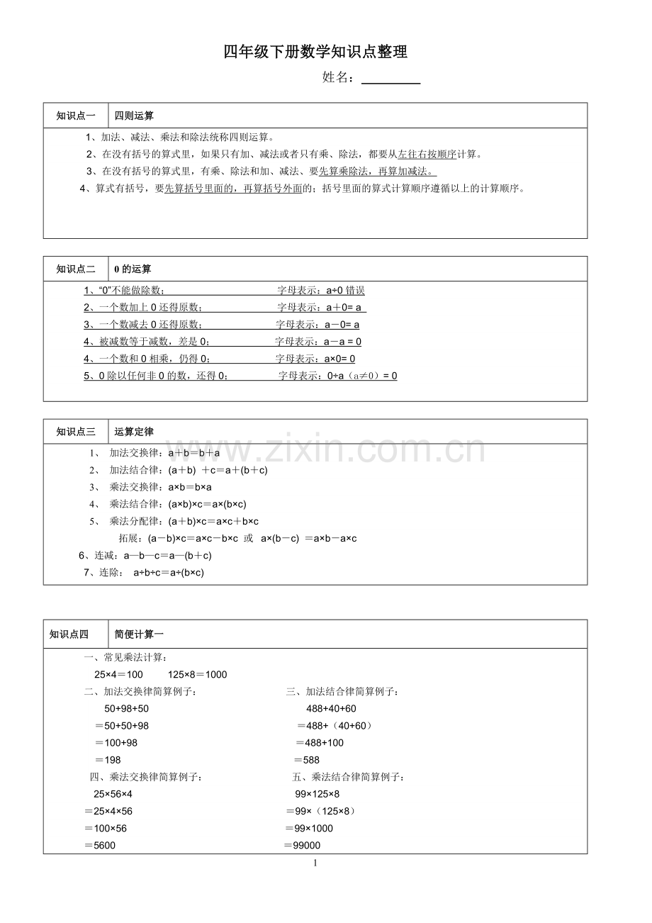 四年级下册数学抽测知识点整理.doc_第1页