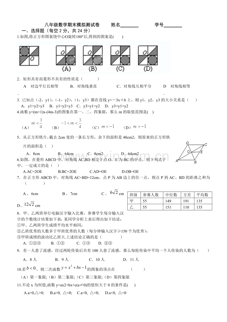 八年级下册数学期末模拟测试卷.doc_第1页