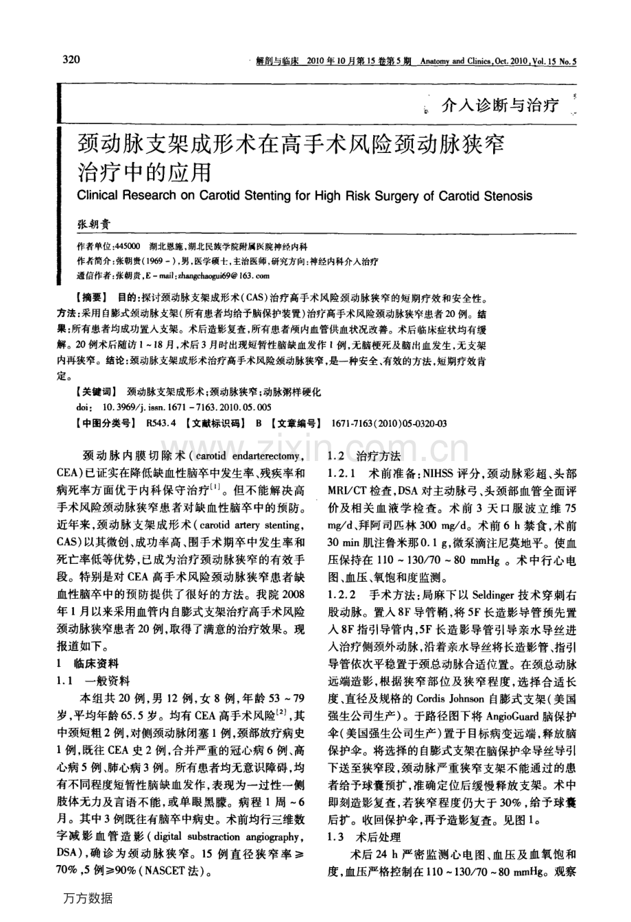 颈动脉支架成形术在高手术风险颈动脉狭窄治疗中的应用.pdf_第1页