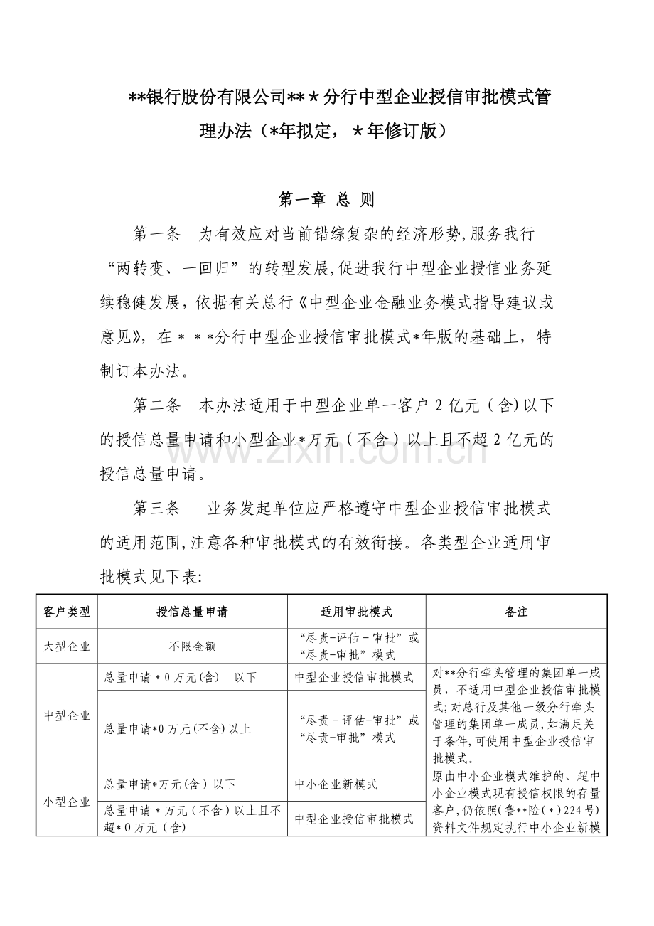 银行股份有限公司中型企业授信审批模式管理办法模版.docx_第1页