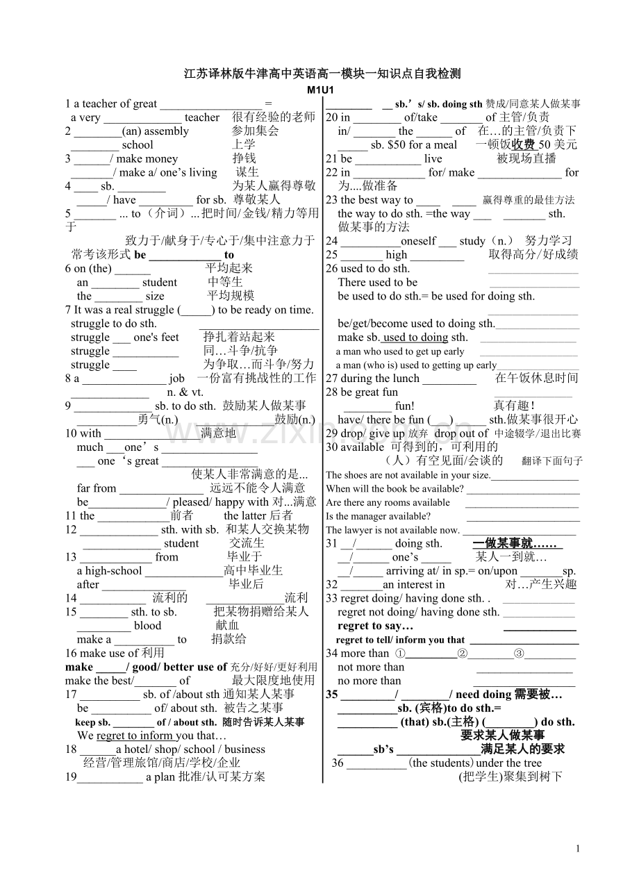 江苏译林版牛津高中英语高一模块一知识点自我检测.doc_第1页