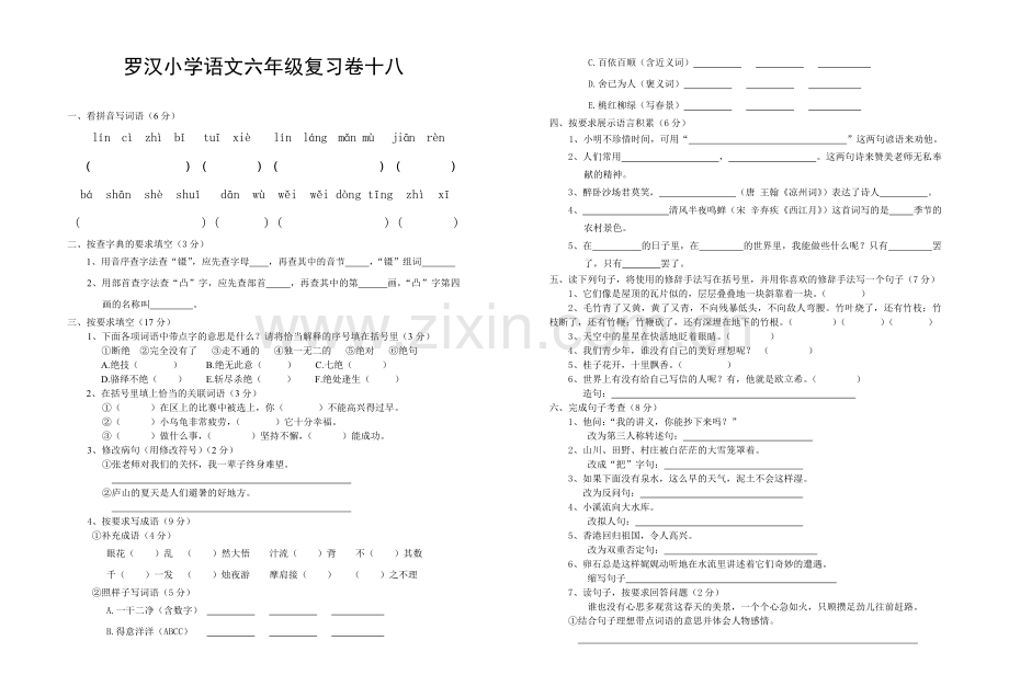 罗汉小学语文六年级复习卷十八.doc_第1页