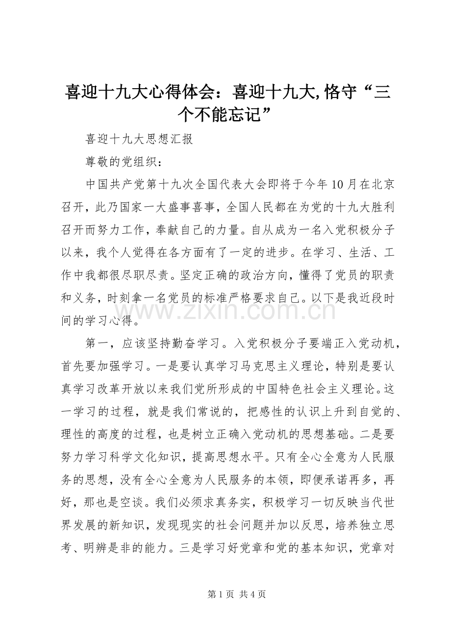 喜迎十九大体会心得：喜迎十九大,恪守“三个不能忘记”.docx_第1页