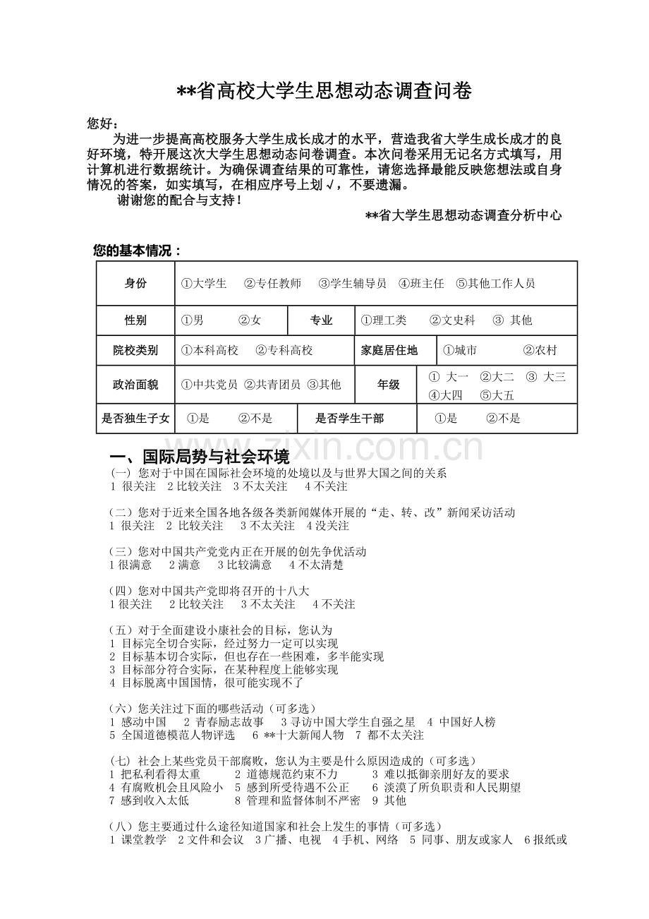 高校大学生思想动态调查问卷模版模版.doc_第1页