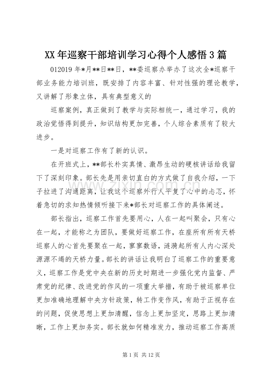 XX年巡察干部培训学习体会个人感悟3篇.docx_第1页