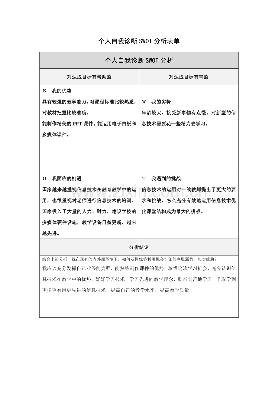 田正萍个人自我诊断SWOT分析表.doc_第1页