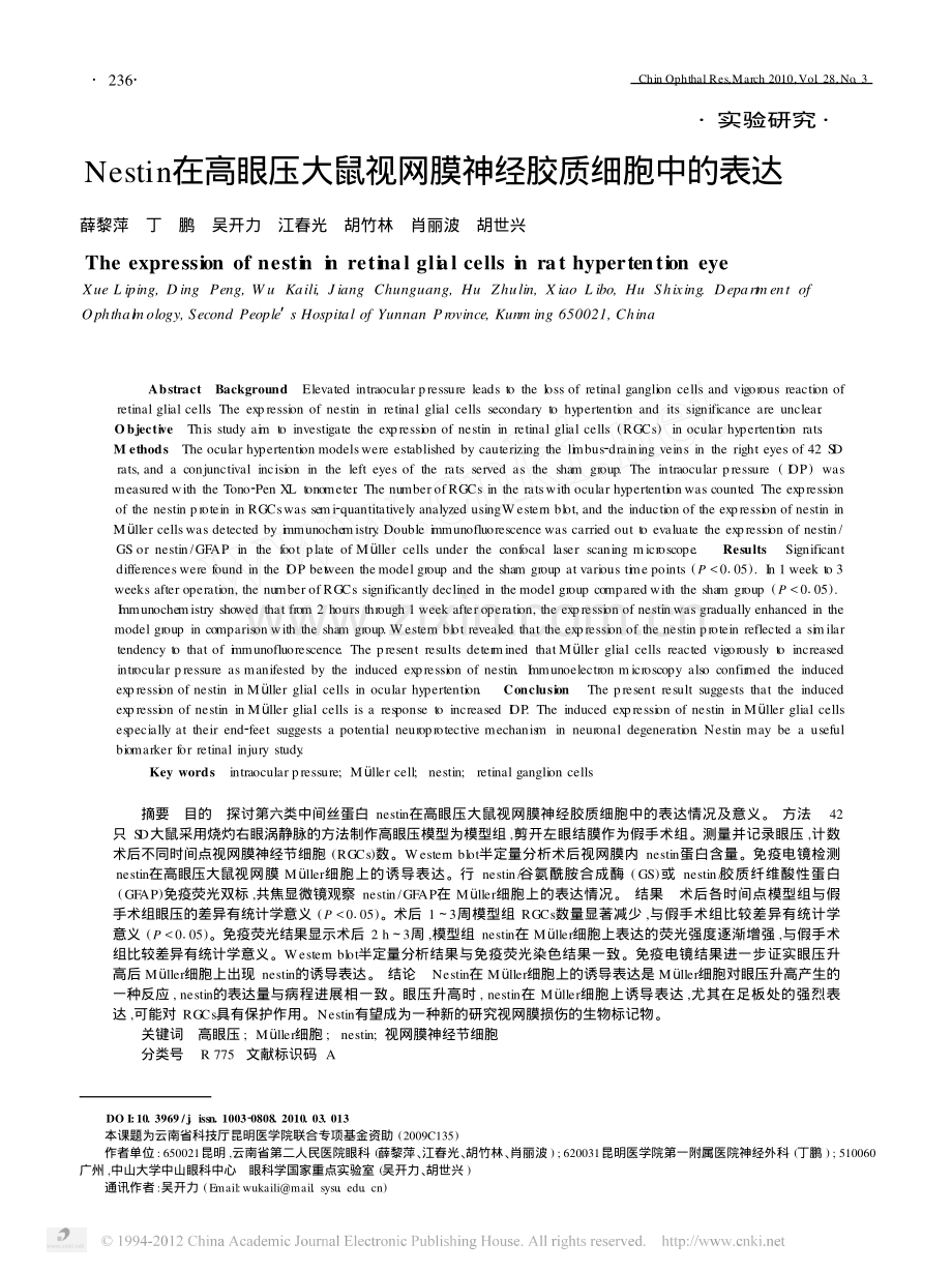 Nestin在高眼压大鼠视网膜神经胶质细胞中的表达.pdf_第1页