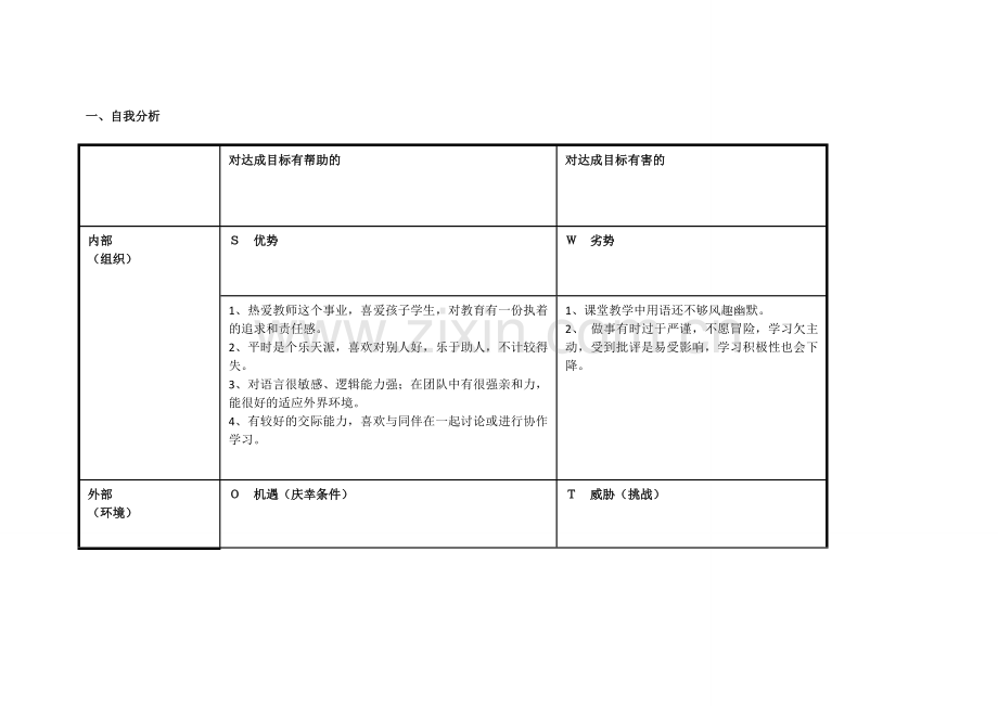 任务表单：个人自我诊断SWOT分析表（梁银英）.doc_第1页