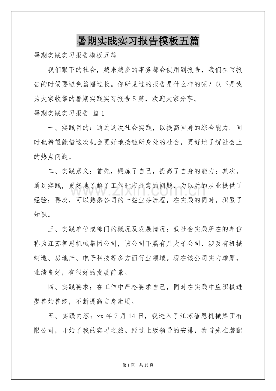 暑期实践实习报告模板五篇.docx_第1页