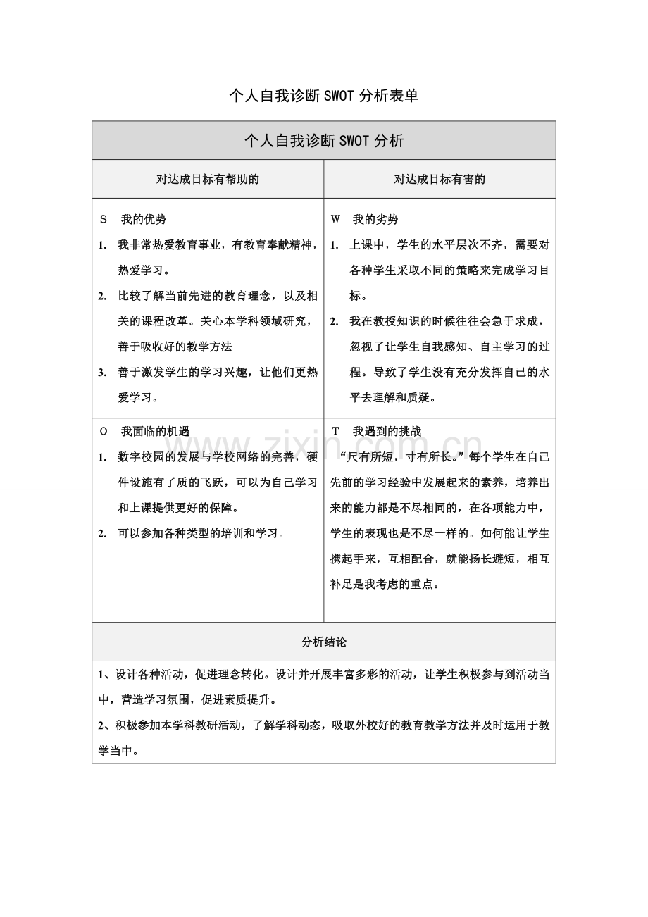 个人自我诊断SWOT分析表-杨继划.doc_第1页