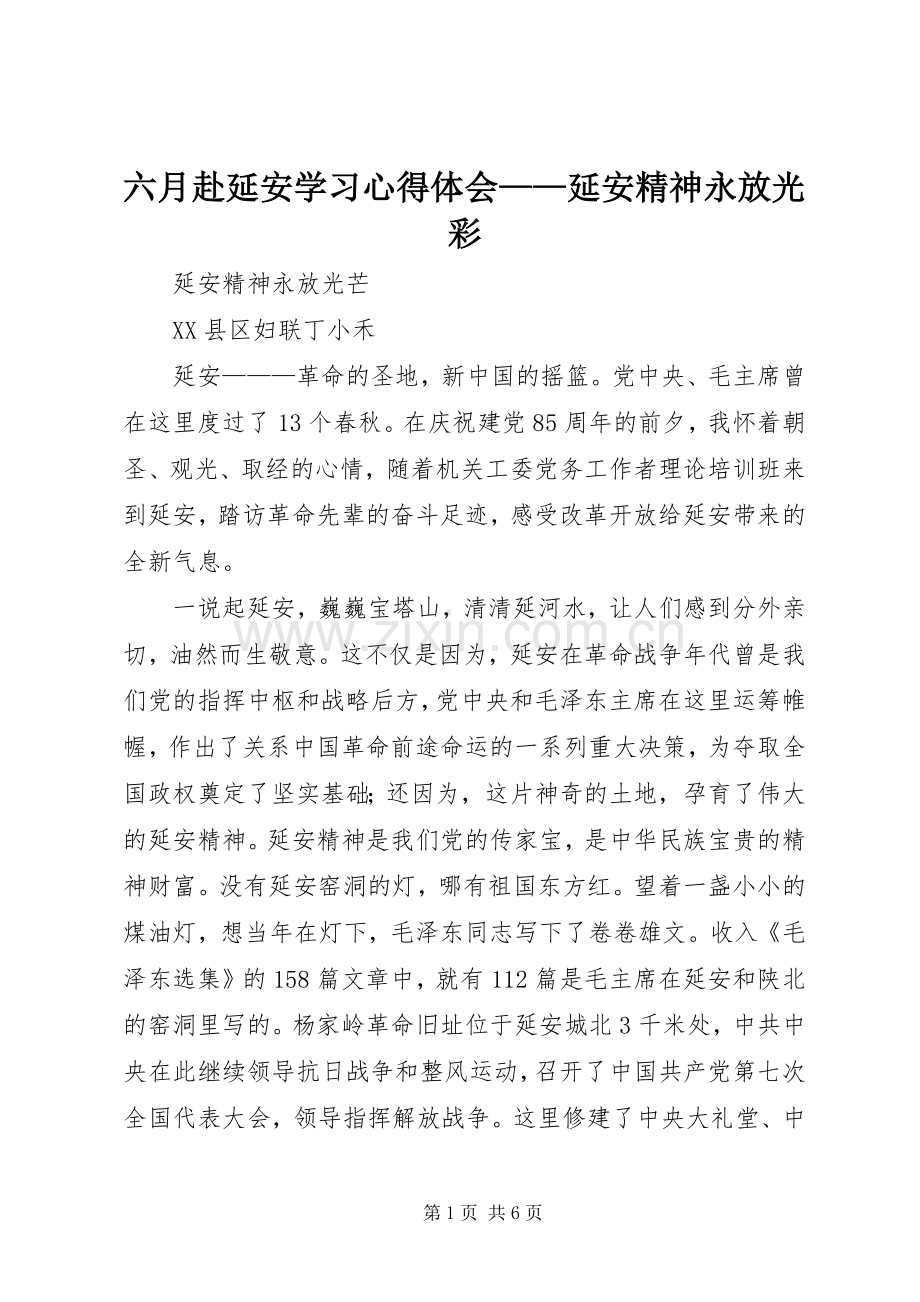 六月赴延安学习体会心得——延安精神永放光彩.docx_第1页