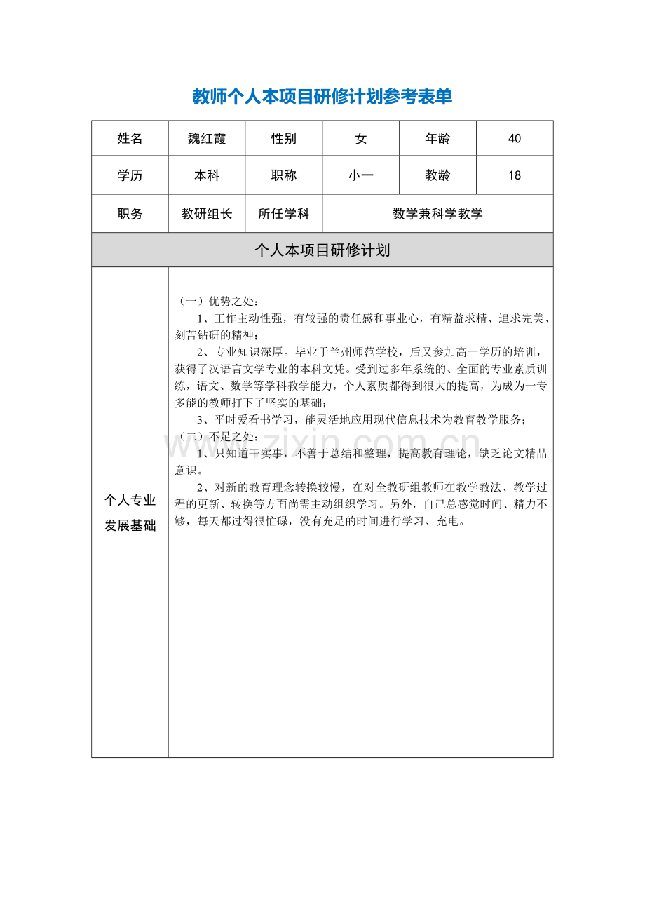 】教师个人本项目研修计划参考表单.doc_第1页