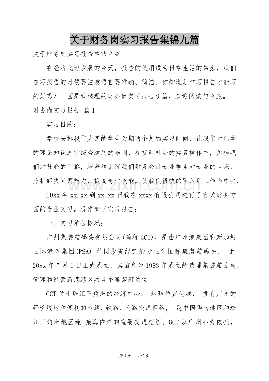 关于财务岗实习报告集锦九篇.docx_第1页