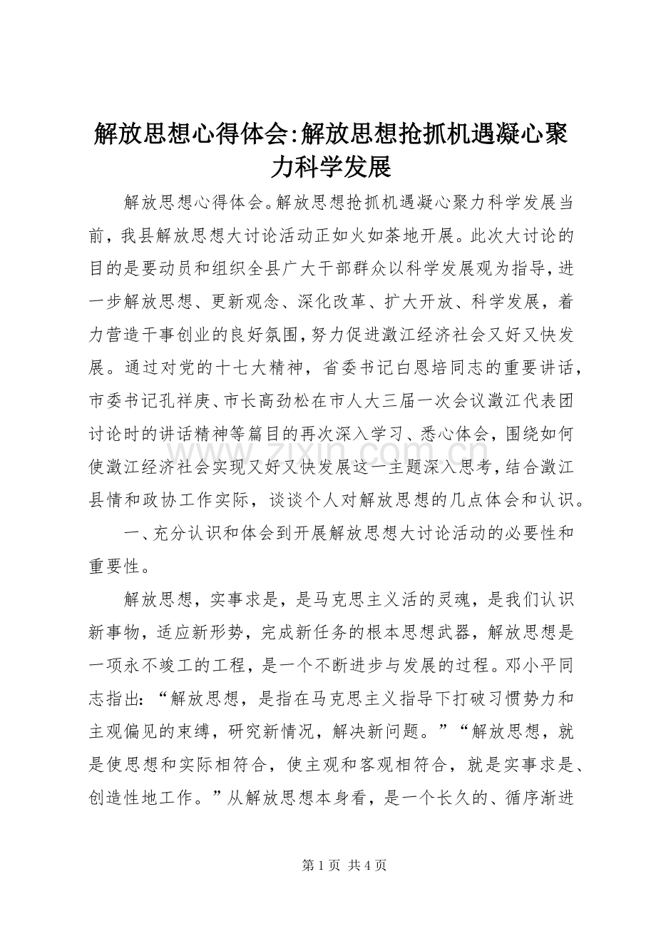 解放思想体会心得-解放思想抢抓机遇凝心聚力科学发展.docx_第1页