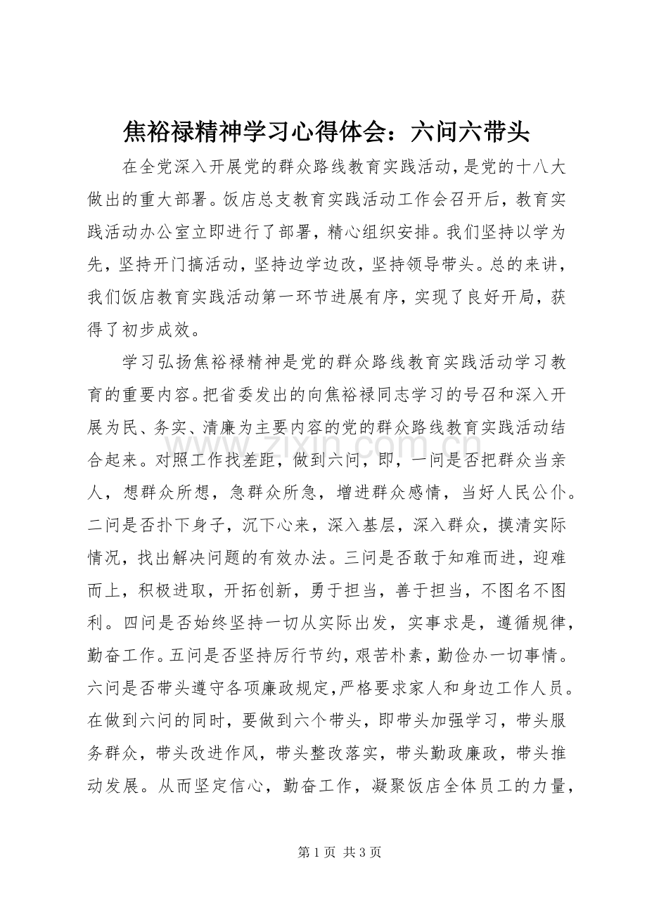 焦裕禄精神学习体会心得：六问六带头.docx_第1页