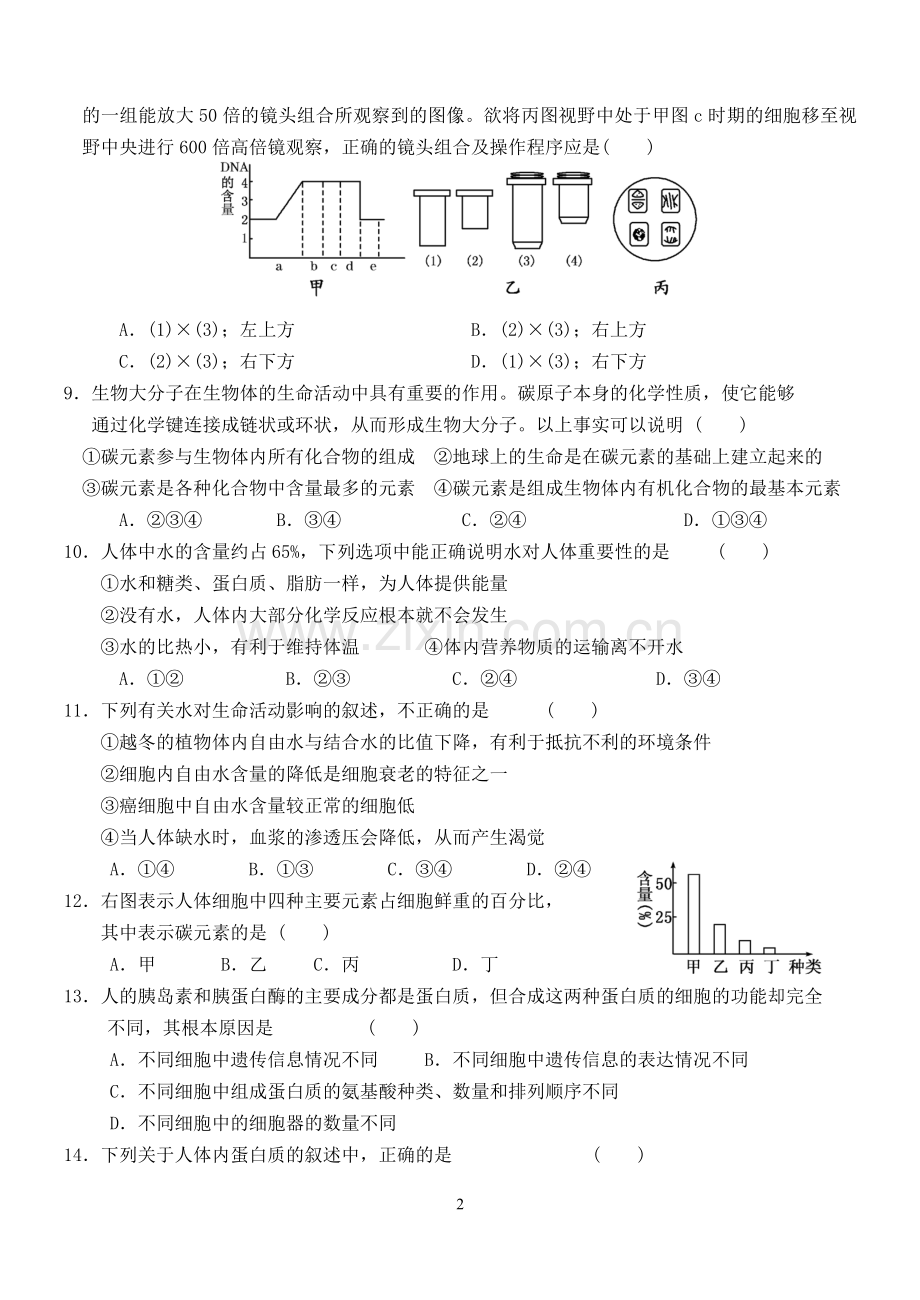 高三生物一轮复习必修一1--2单元模拟试卷.doc_第2页