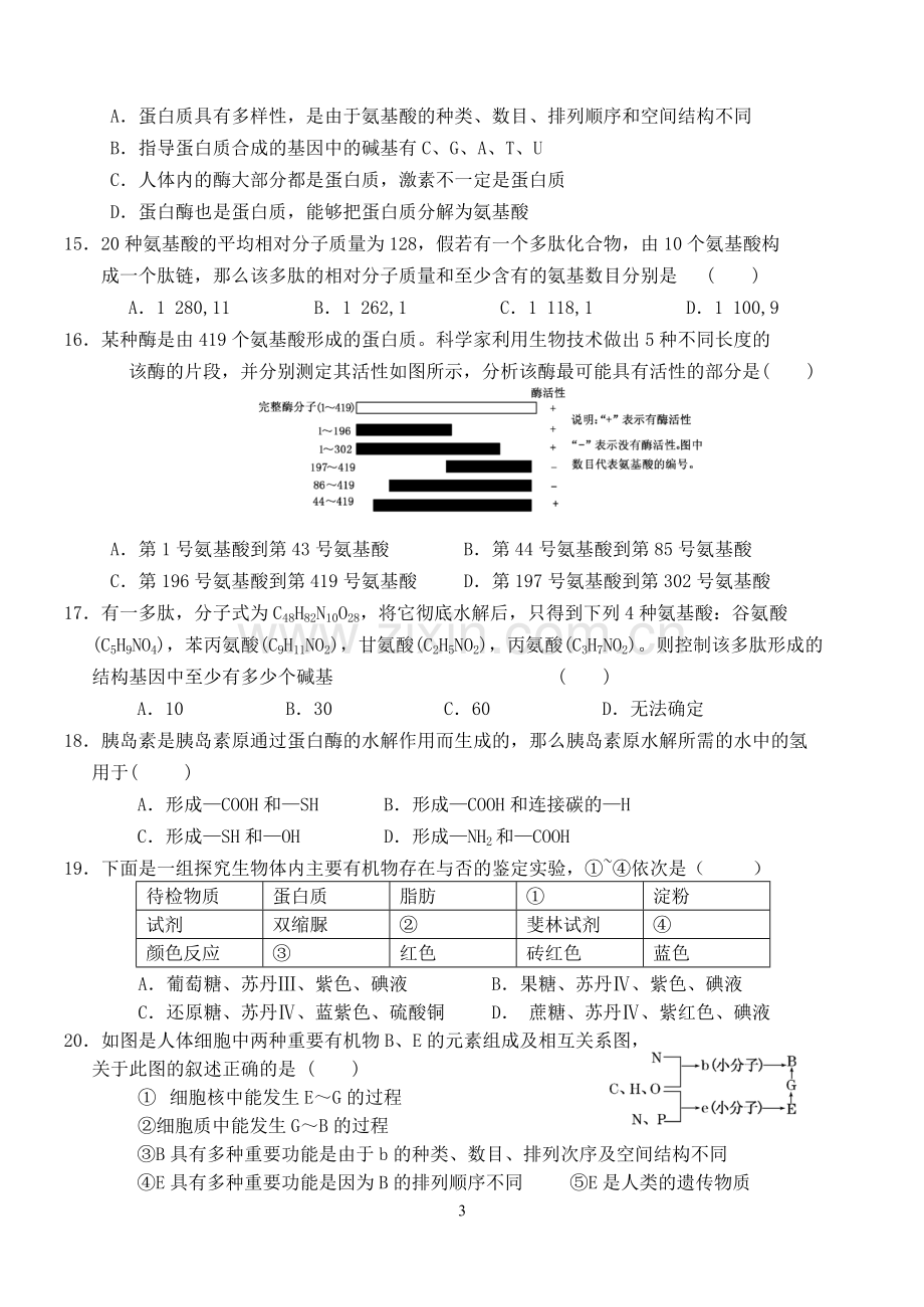 高三生物一轮复习必修一1--2单元模拟试卷.doc_第3页