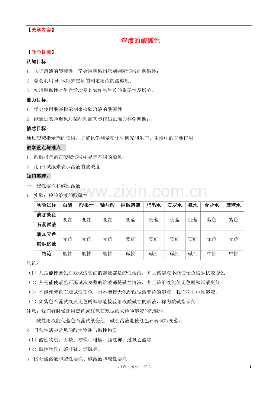 九年级化学 溶液的酸碱性教学设计 粤教版.doc_第1页