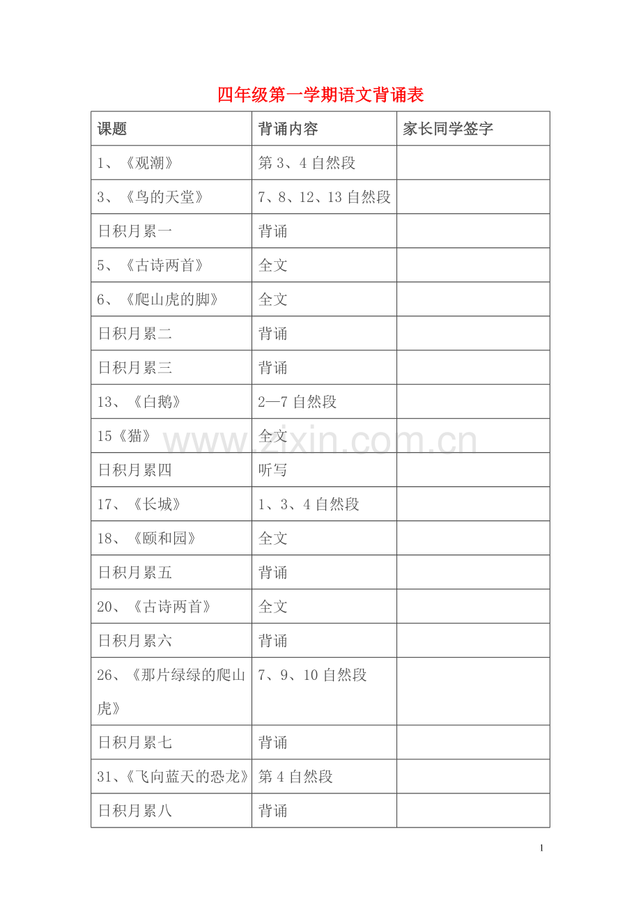 四年级第一学期语文背诵表.doc_第1页