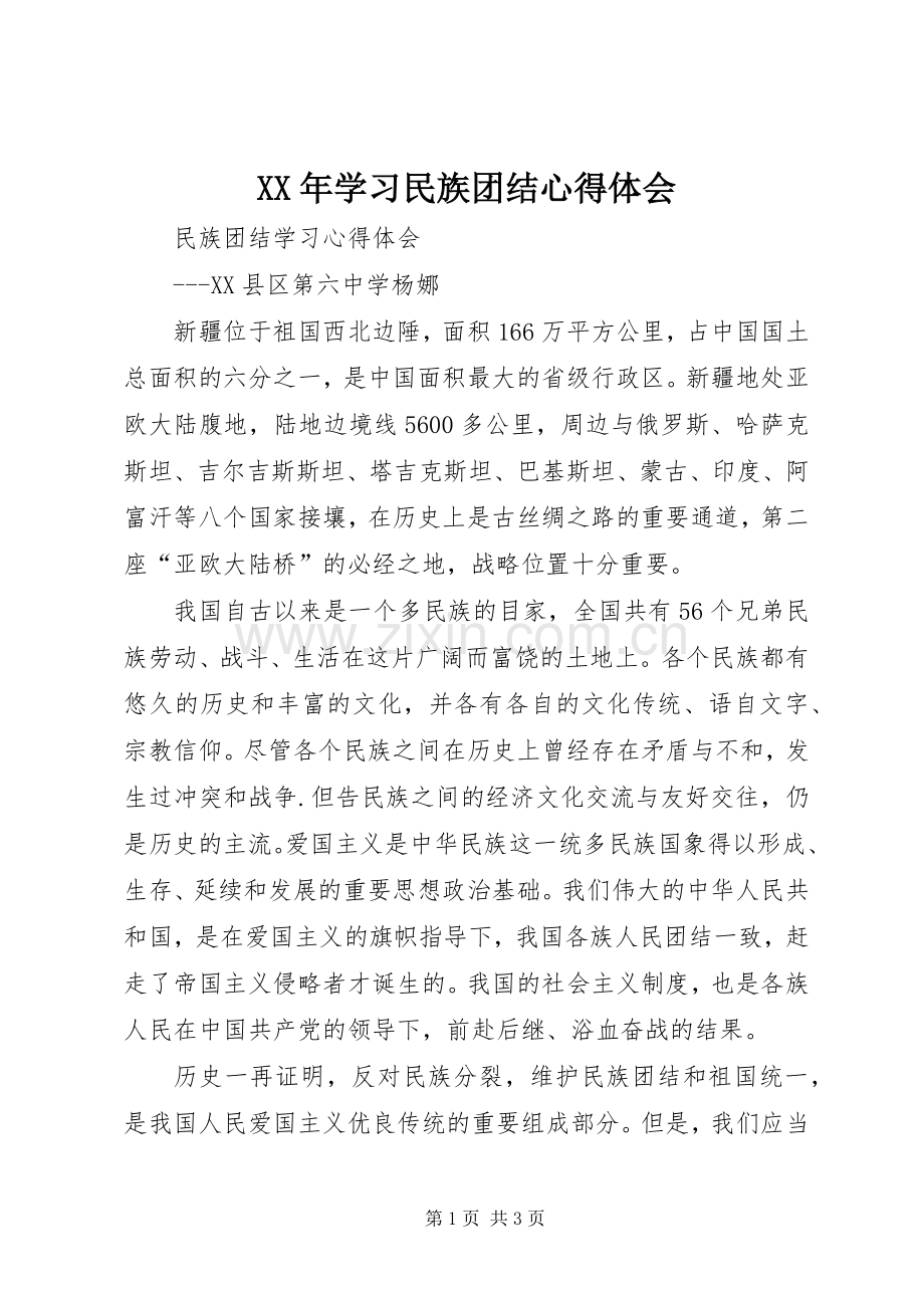 XX年学习民族团结体会心得.docx_第1页