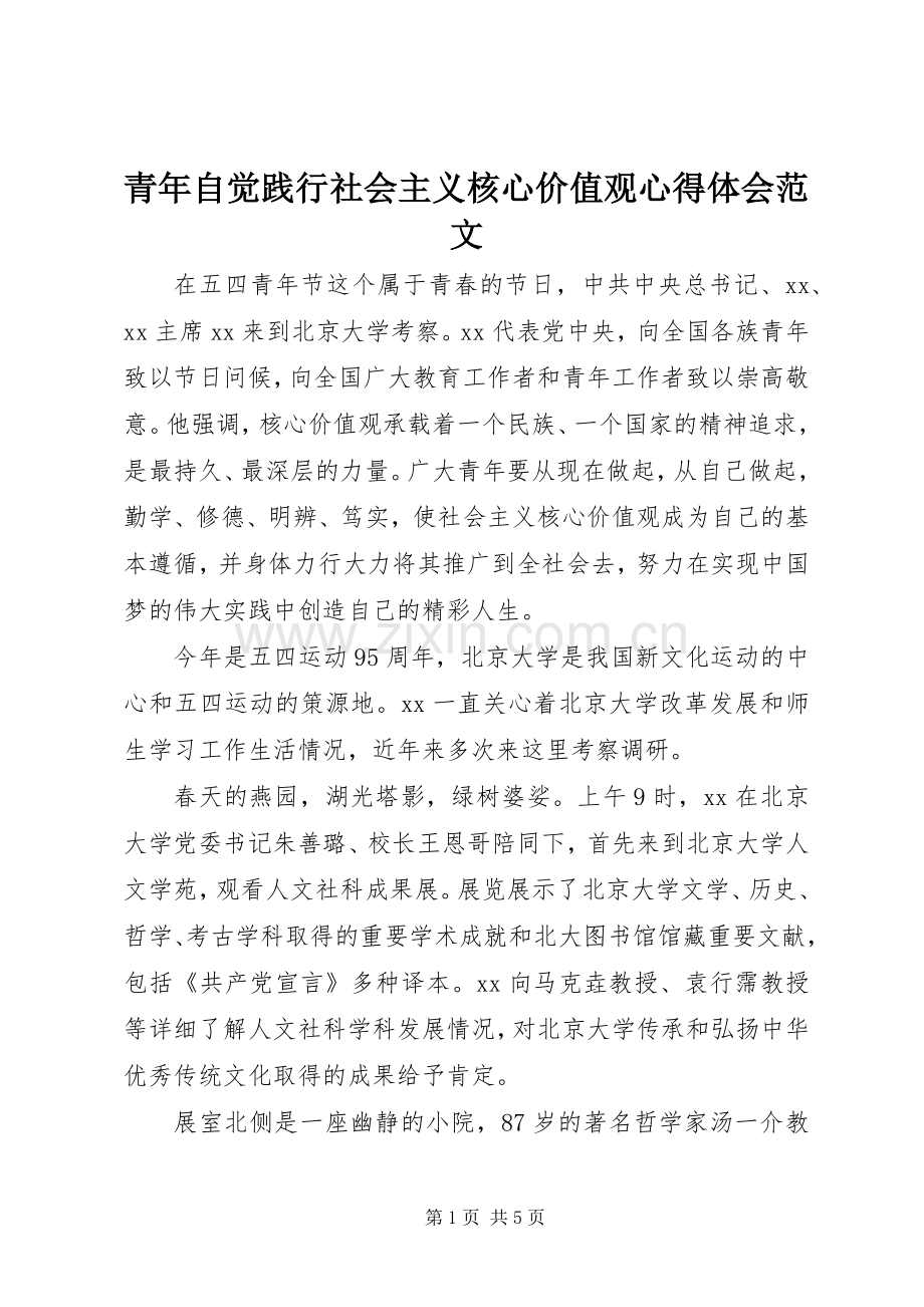 青年自觉践行社会主义核心价值观体会心得范文.docx_第1页