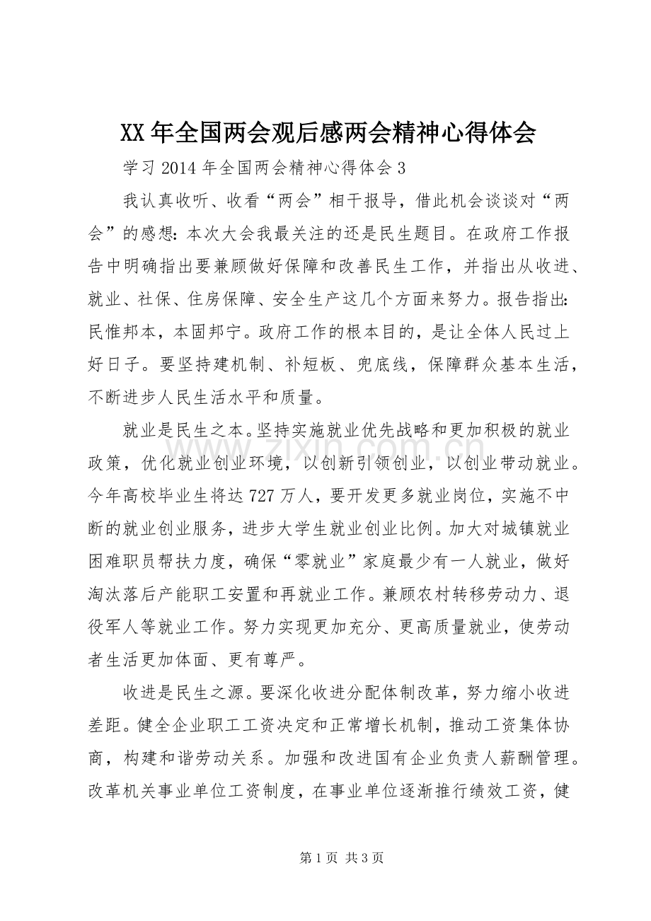 XX年全国两会观后心得两会精神体会心得.docx_第1页