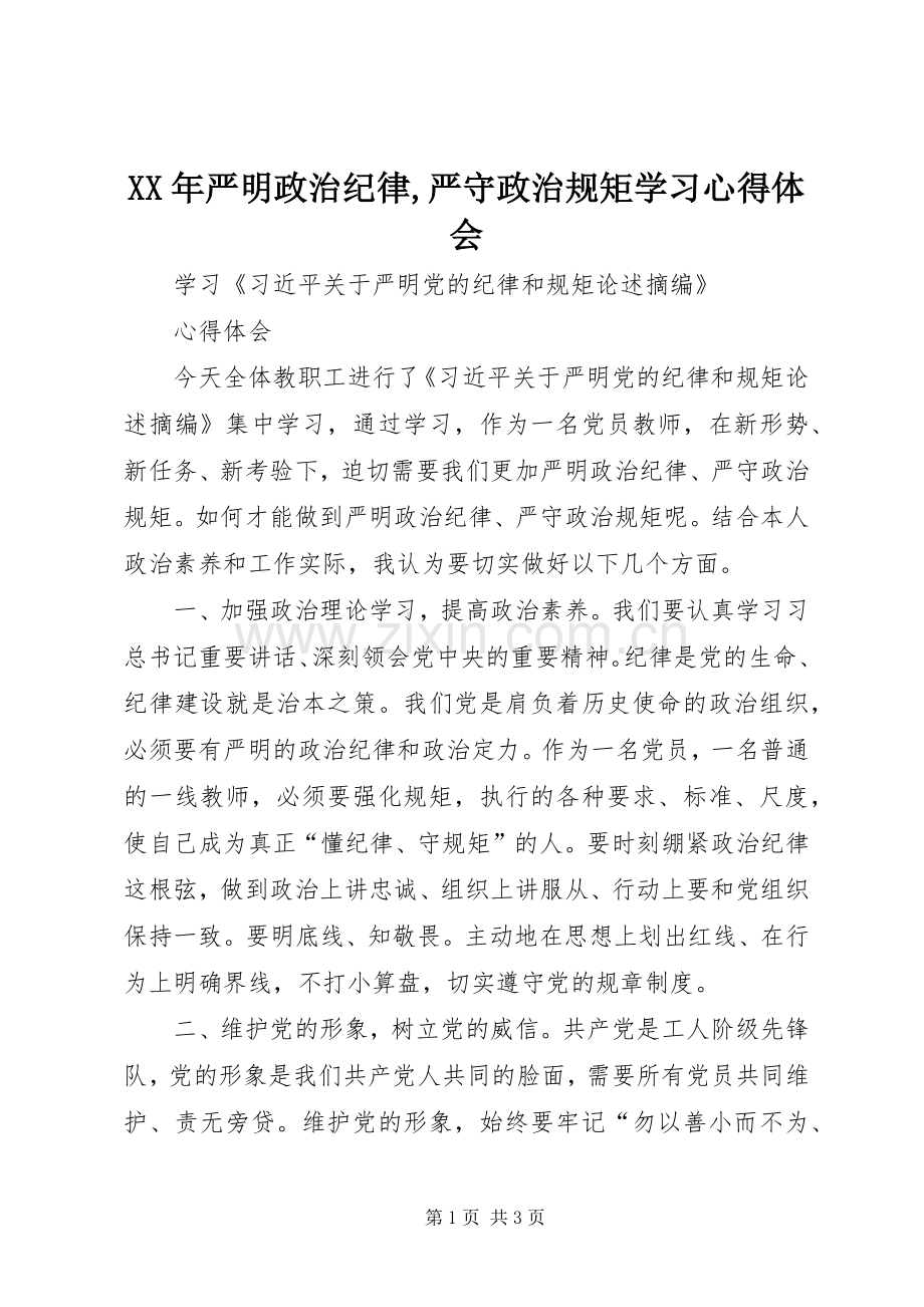 XX年严明政治纪律,严守政治规矩学习体会心得.docx_第1页