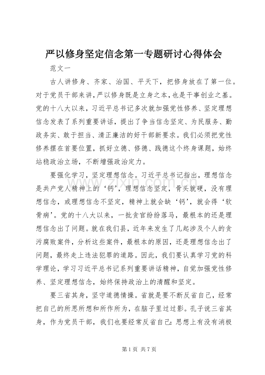 严以修身坚定信念第一专题研讨体会心得.docx_第1页