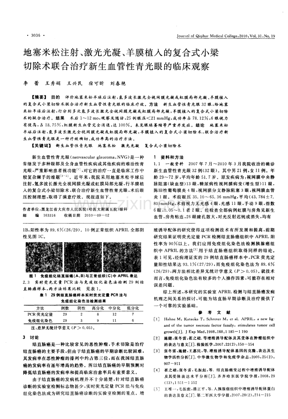 地塞米松注射、激光光凝、羊膜植入的复合式小梁切除术联合治疗新生血管性青光眼的临床观察.pdf_第1页