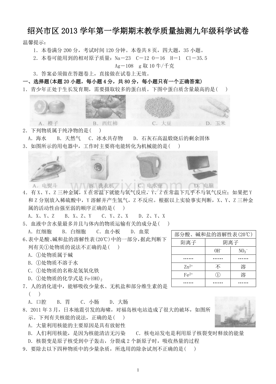 绍兴市区2013学年第一学期期末教学质量抽测九年级科学试卷.doc_第1页