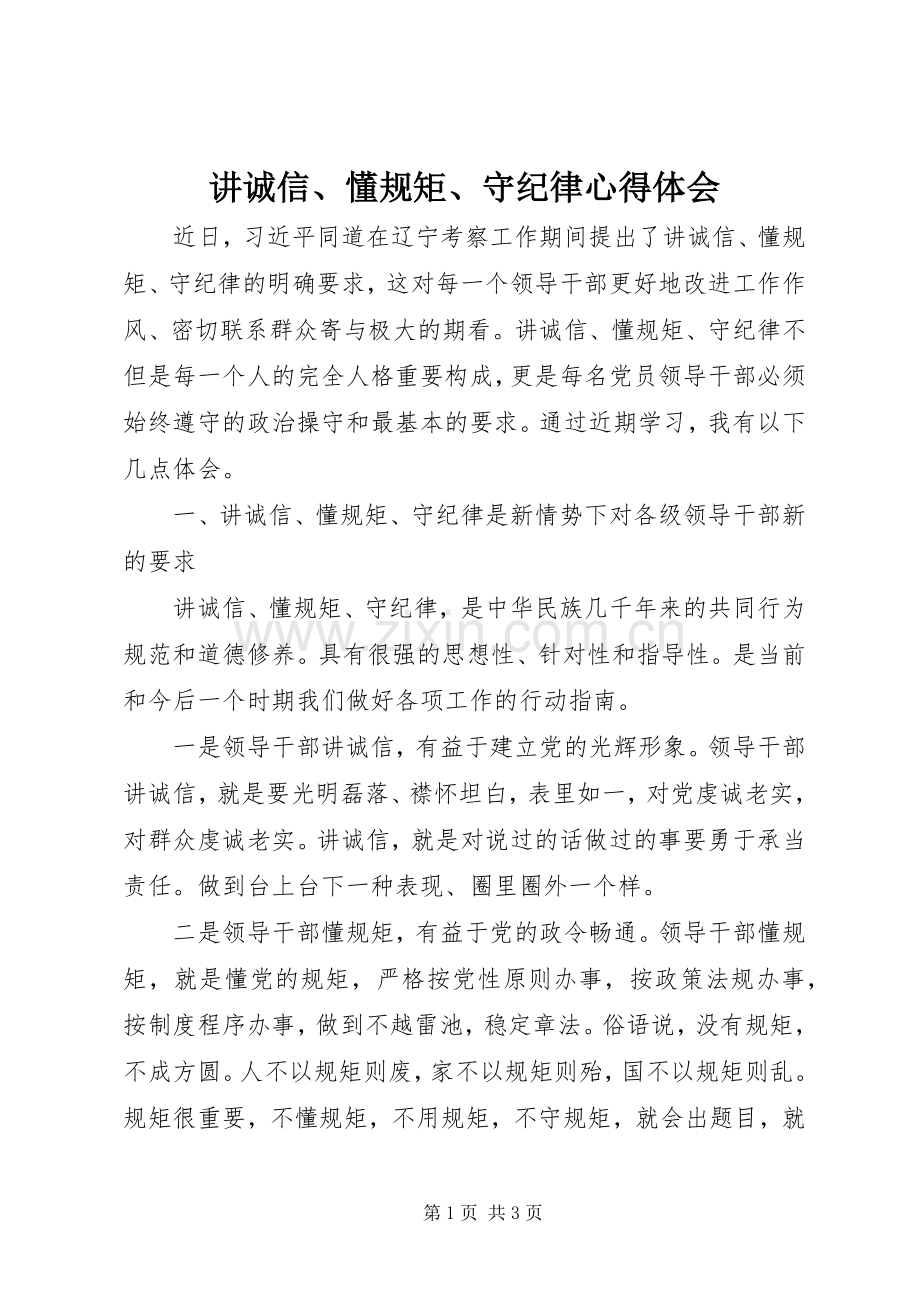 讲诚信、懂规矩、守纪律体会心得.docx_第1页