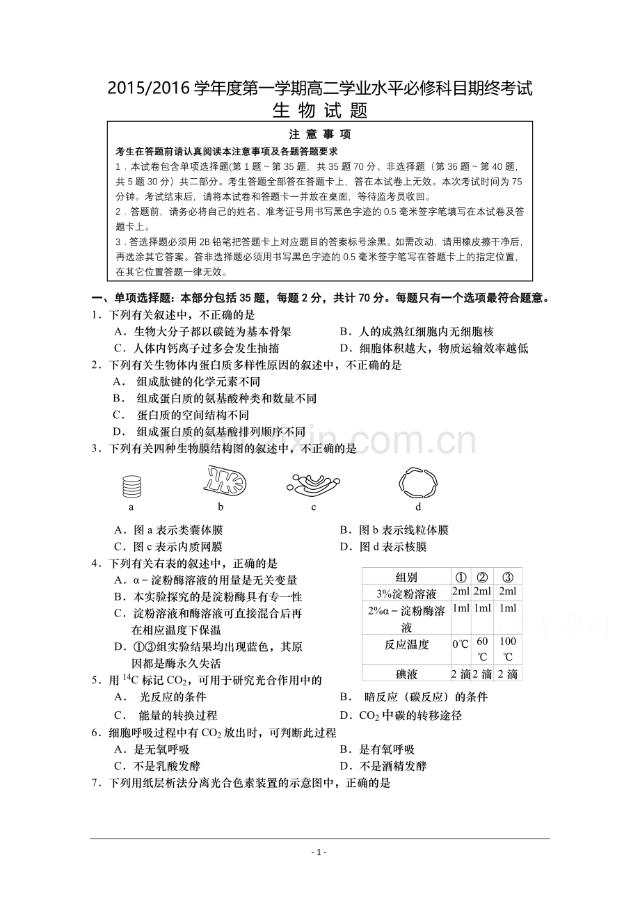 江苏省盐城市2015-2016学年高二上学期学业水平生物试题.doc_第1页