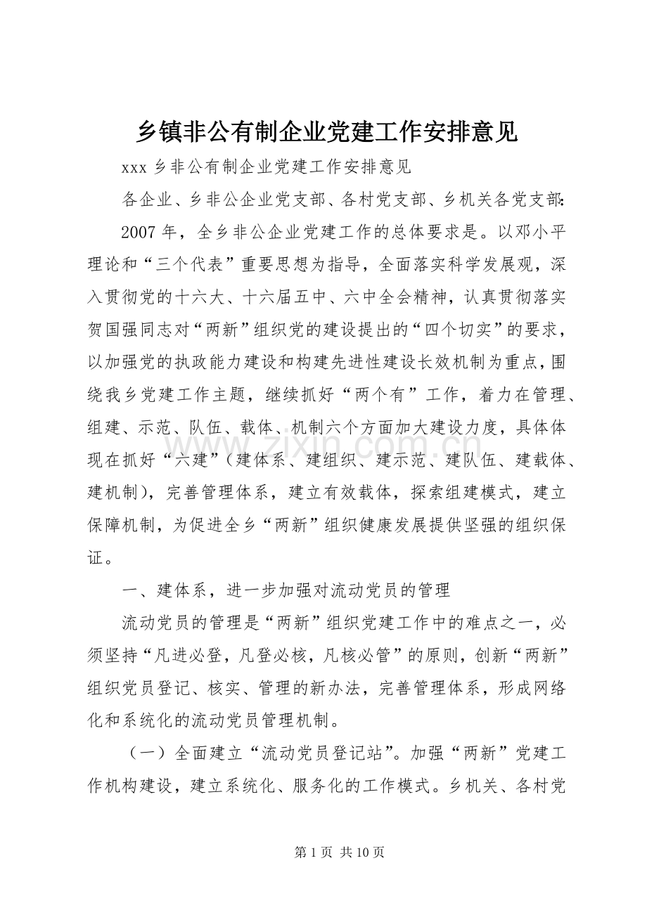 乡镇非公有制企业党建工作安排意见.docx_第1页