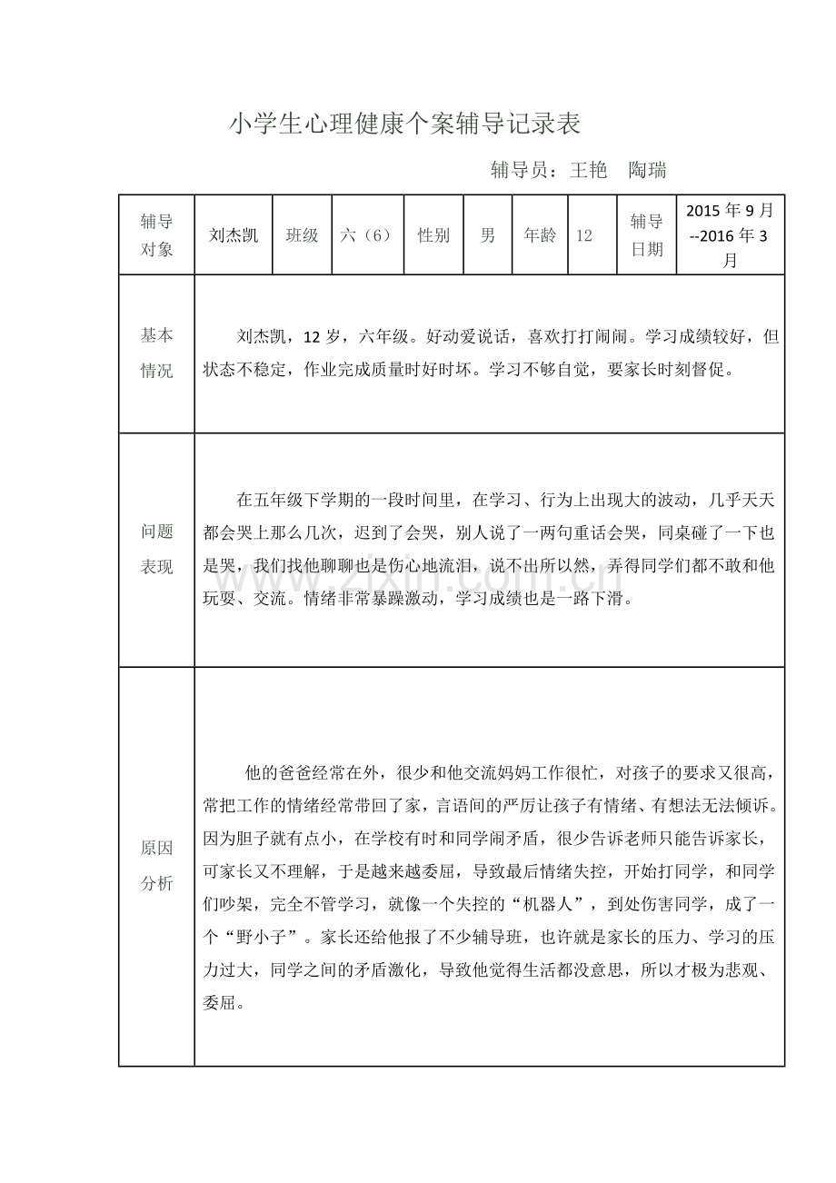 小学生心理健康个案辅导记录表.docx_第1页