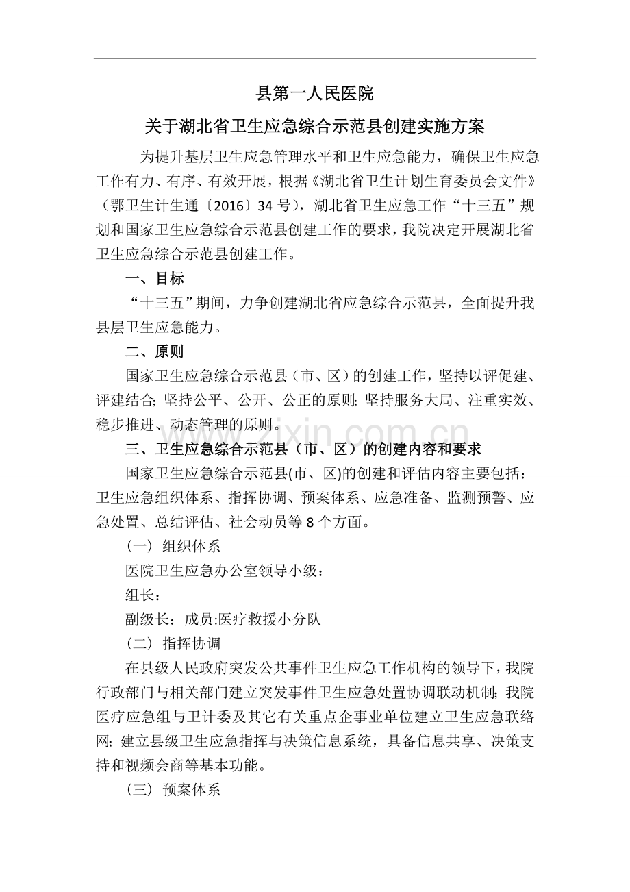 县第一人民医院湖北省卫生应急综合示范县创建工作实施方案----副本.doc_第1页