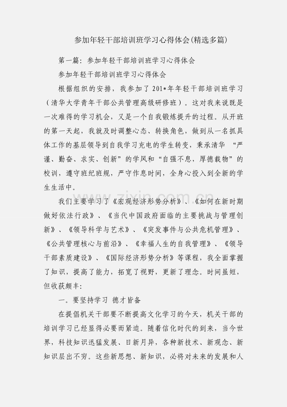 参加年轻干部培训班学习心得体会(多篇).docx_第1页