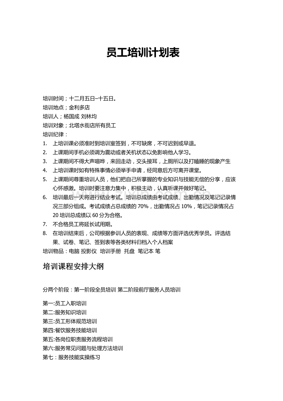 餐厅员工培训计划表.docx_第1页