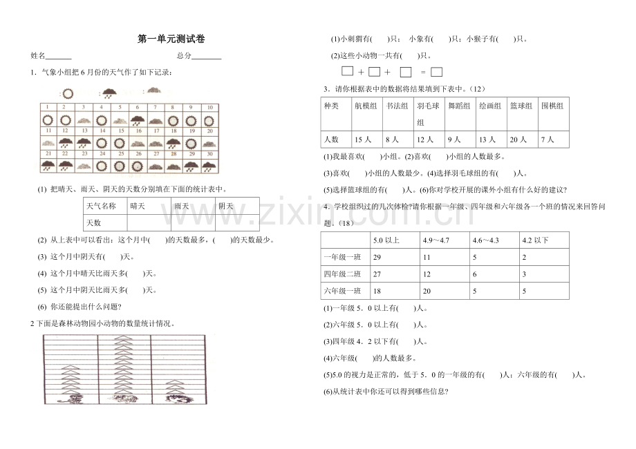 人教版二下数学【作业】单元小测题公开课课件教案.doc_第1页