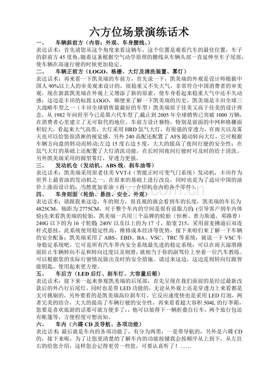 凯美瑞六方位绕车介绍话术.doc_第1页