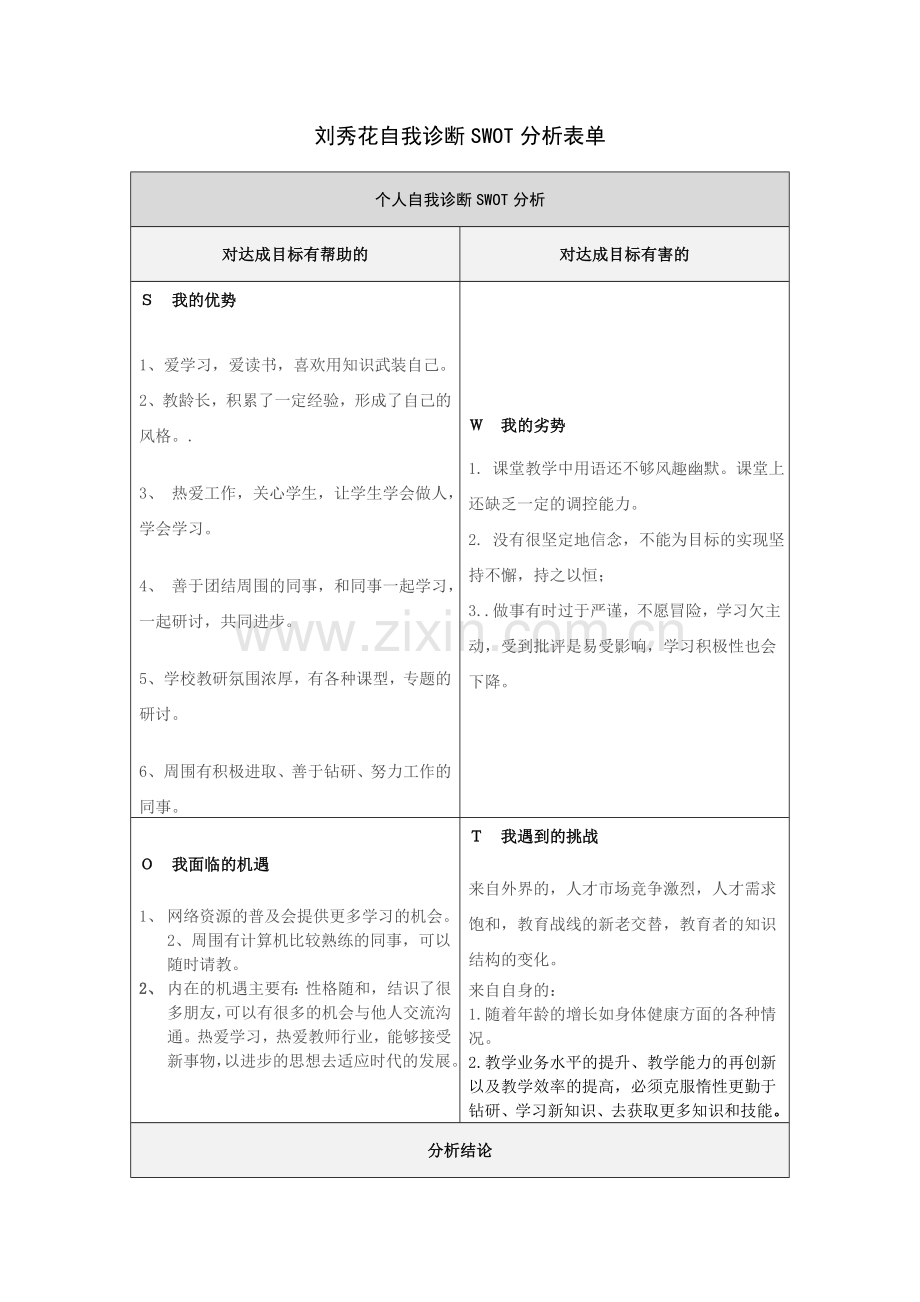 刘秀花个人自我诊断SWOT分析表.doc_第1页